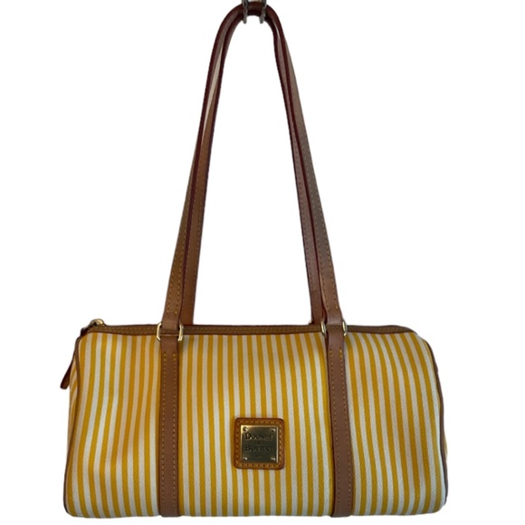 Dooney & Bourke Shoulder Barrel Bag Gold & White Stripes with Taupe Straps EUC - Picture 3 of 10